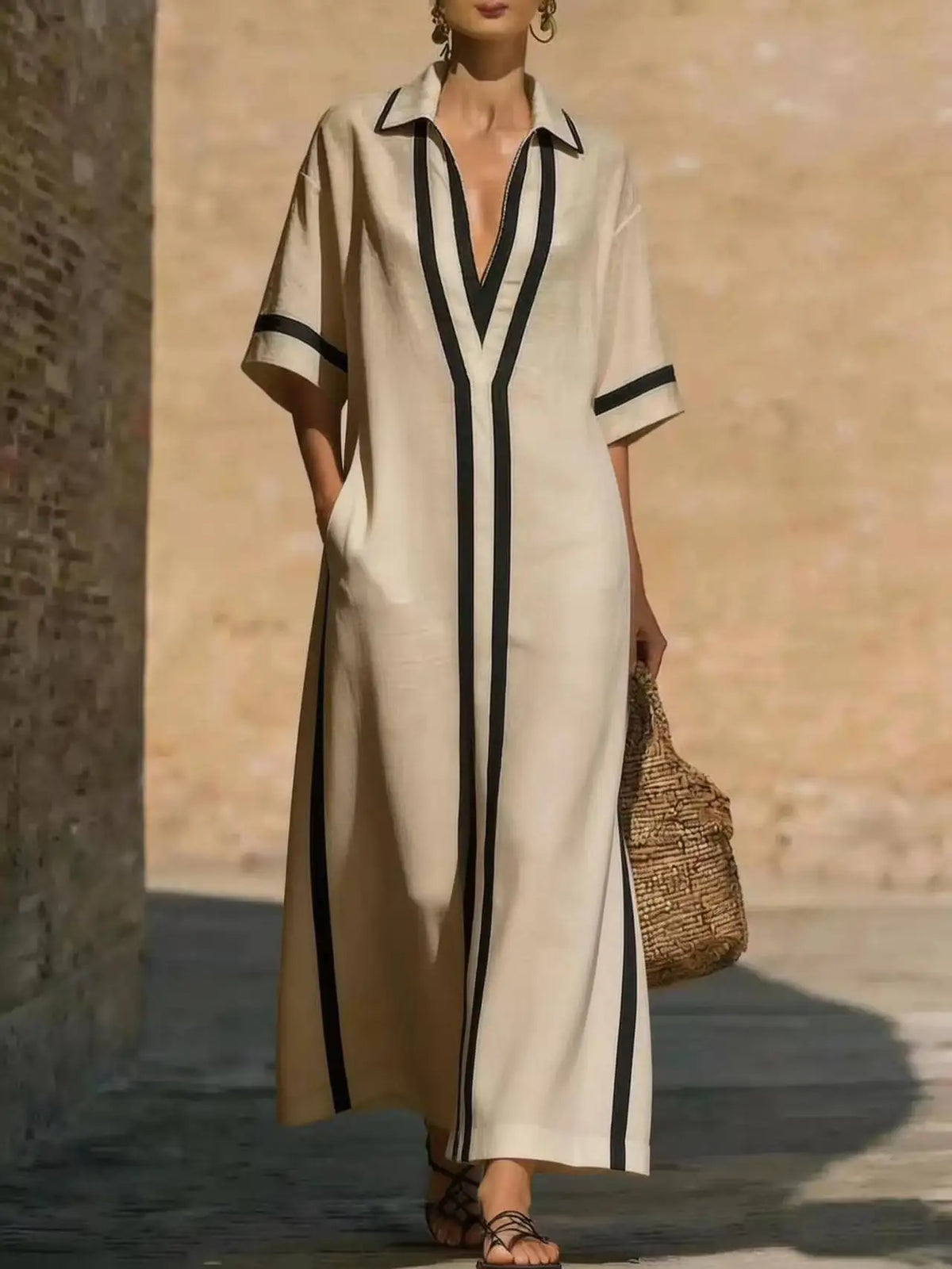 Victoria V-Neck Long Shirt Dress in Beige