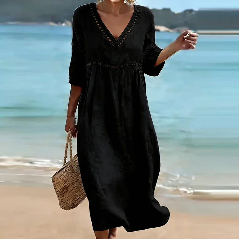 Brenna Hollow Trim V-Neck Midi Dress