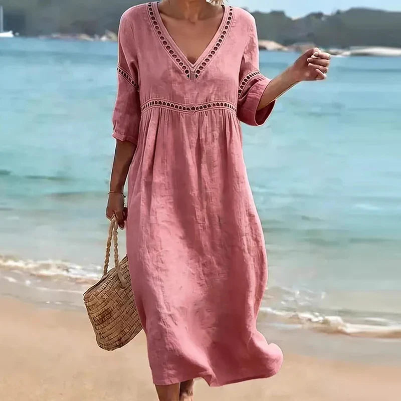 Brenna Hollow Trim V-Neck Midi Dress