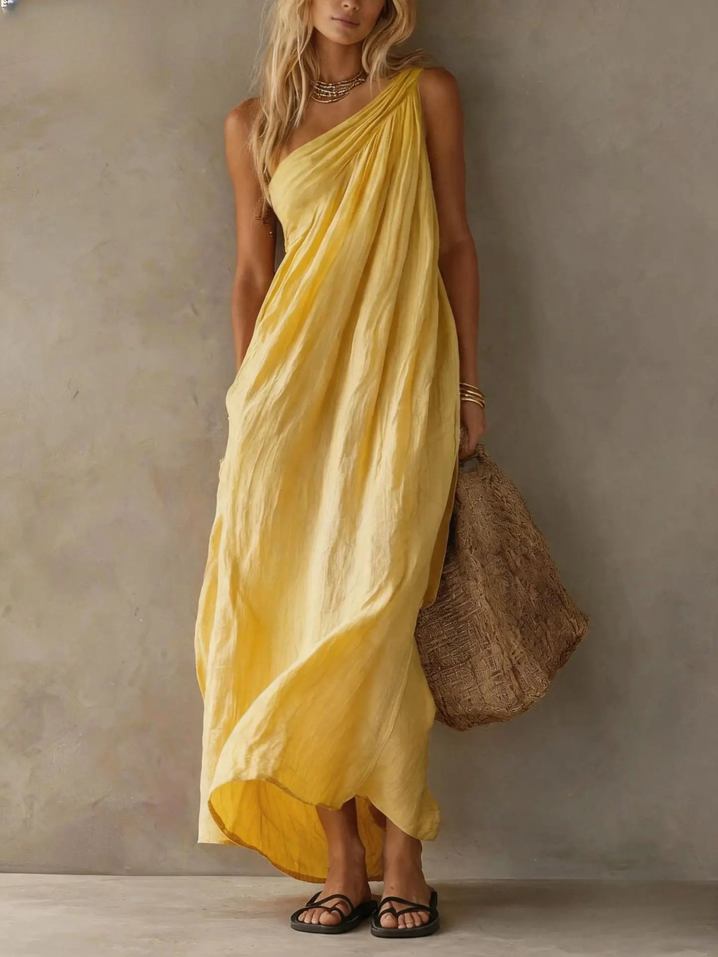 Celine One Shoulder Linen Maxi Dress