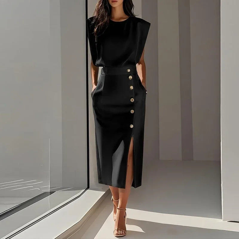 Paige Elegant Button Split Midi Dress