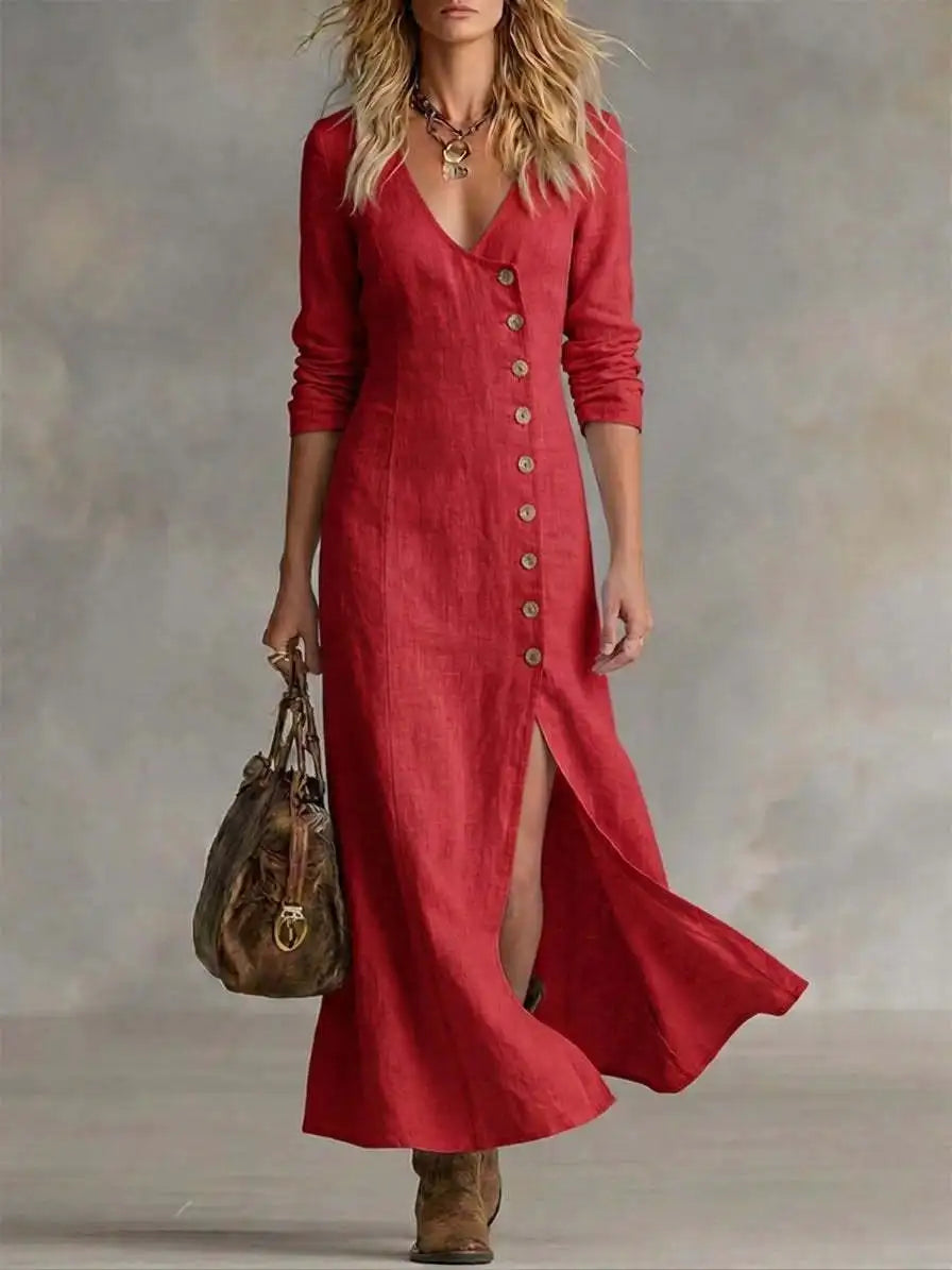 Yasmin Button Front Side Slit Maxi Dress in Red