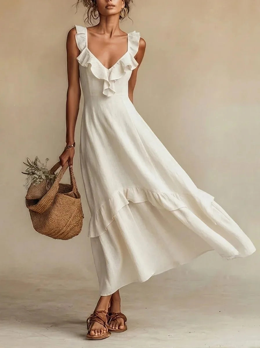 Zarelle Flowing Ruffle Maxi Dress in White