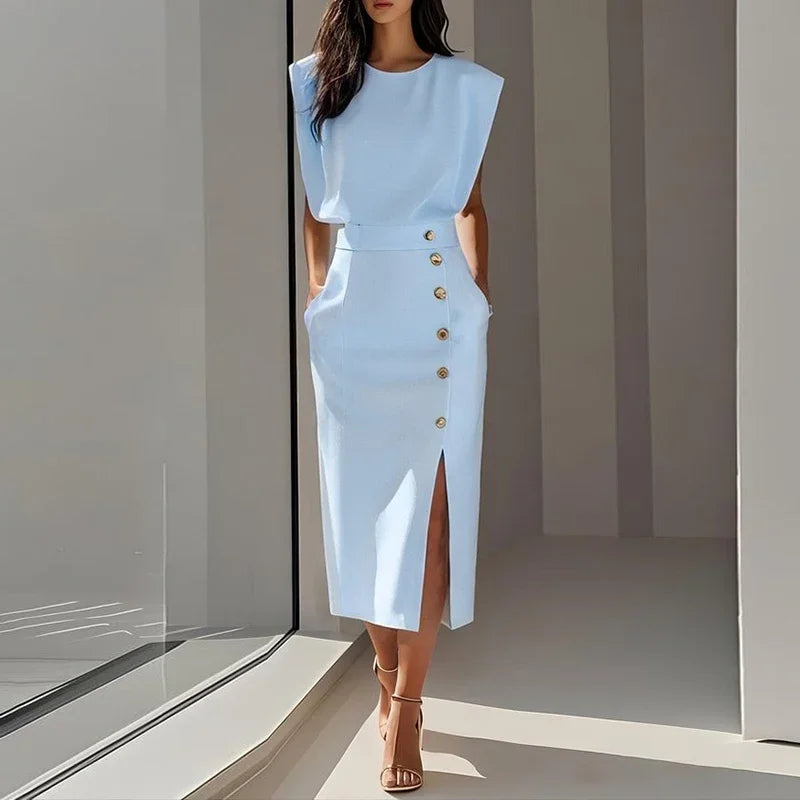 Paige Elegant Button Split Midi Dress