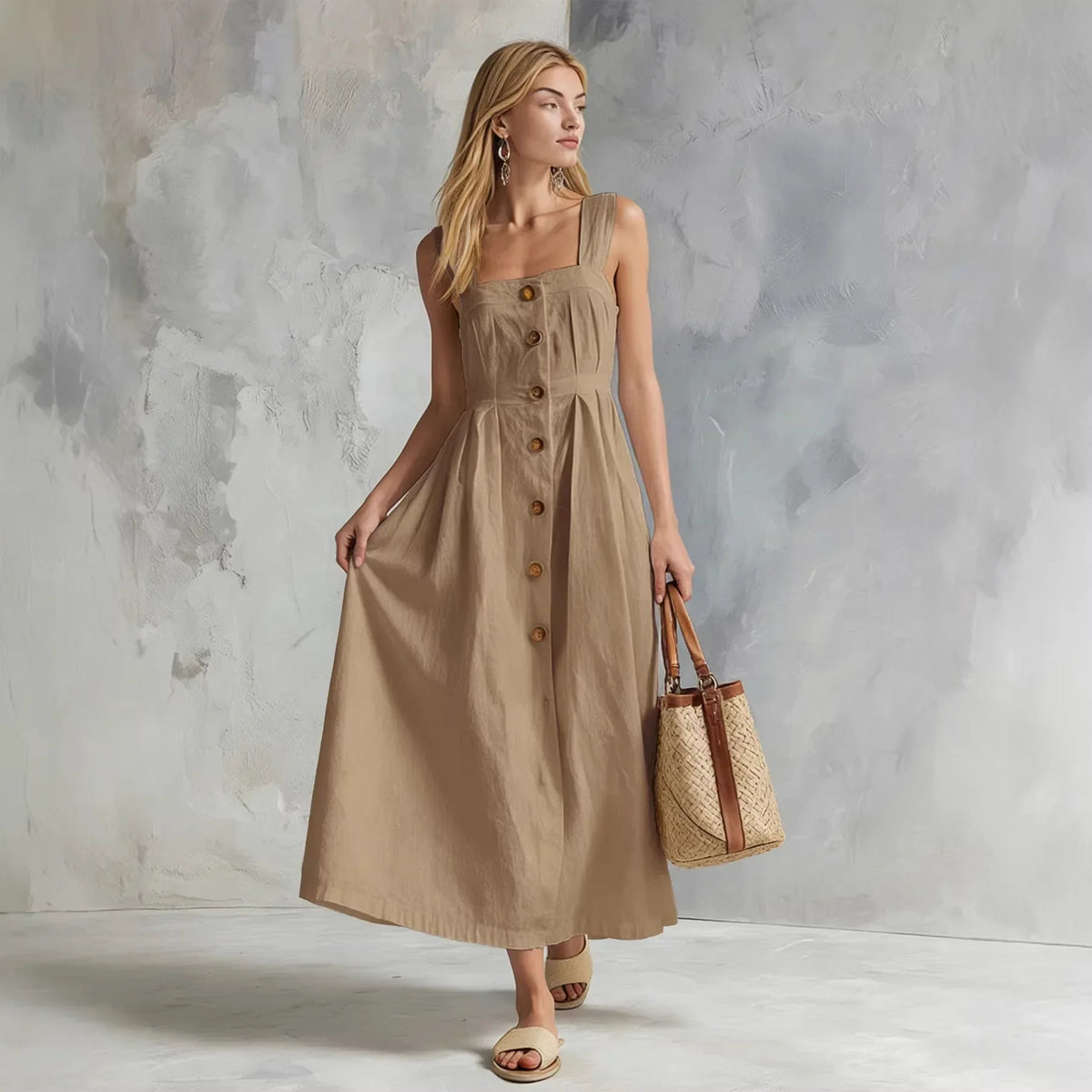 Zynara Linen Button Maxi Dress in Khaki