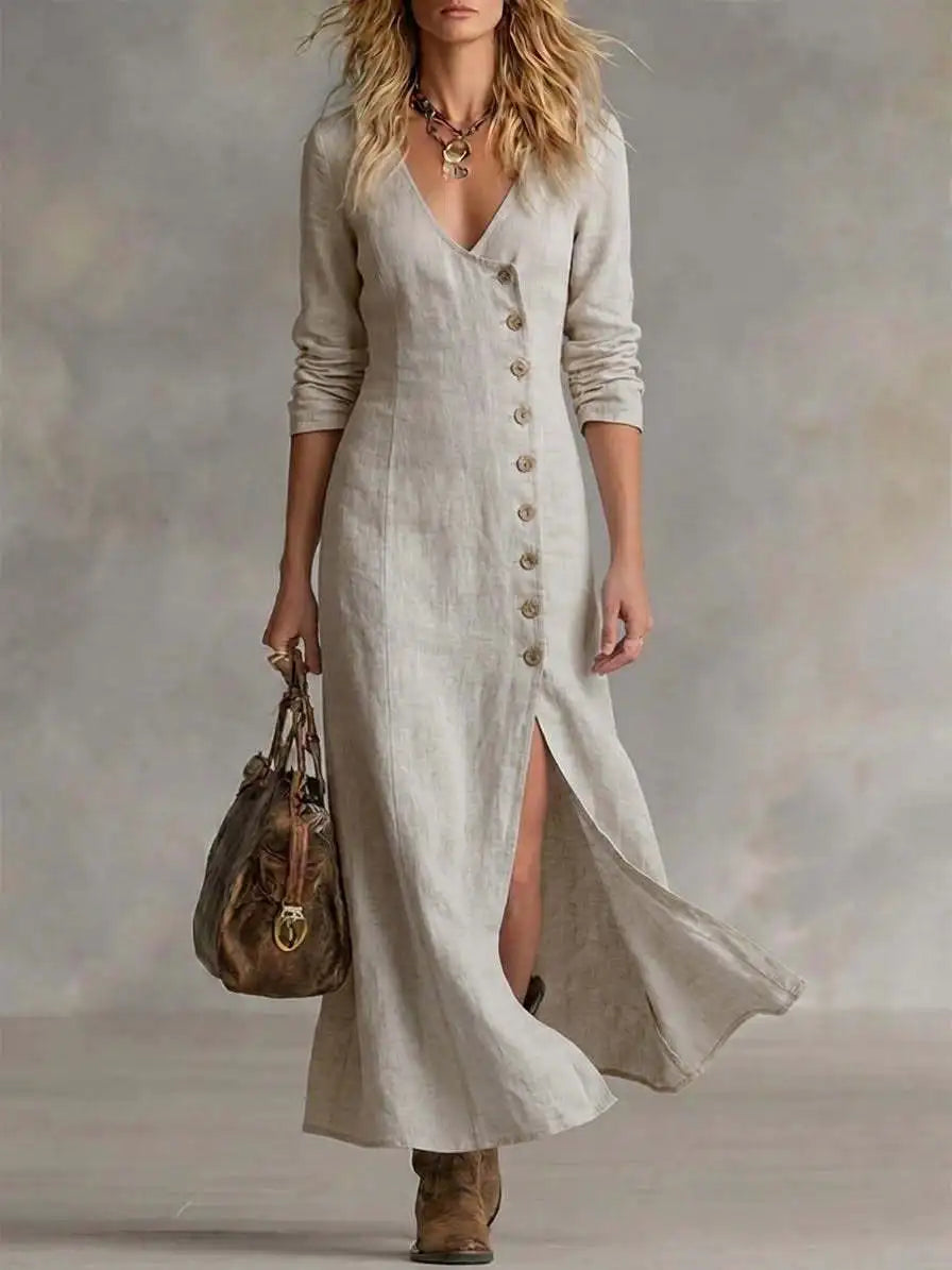 Yasmin Button Front Side Slit Maxi Dress in Khaki