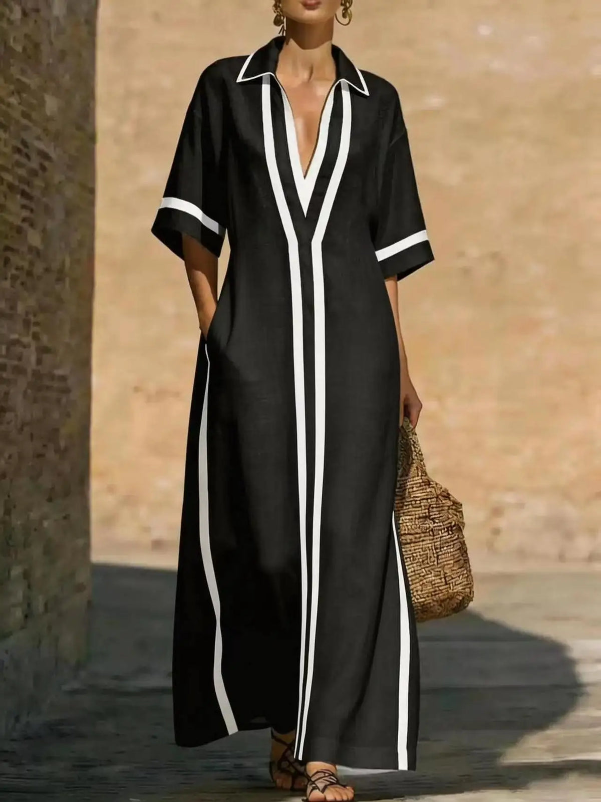 Victoria V-Neck Long Shirt Dress in Black