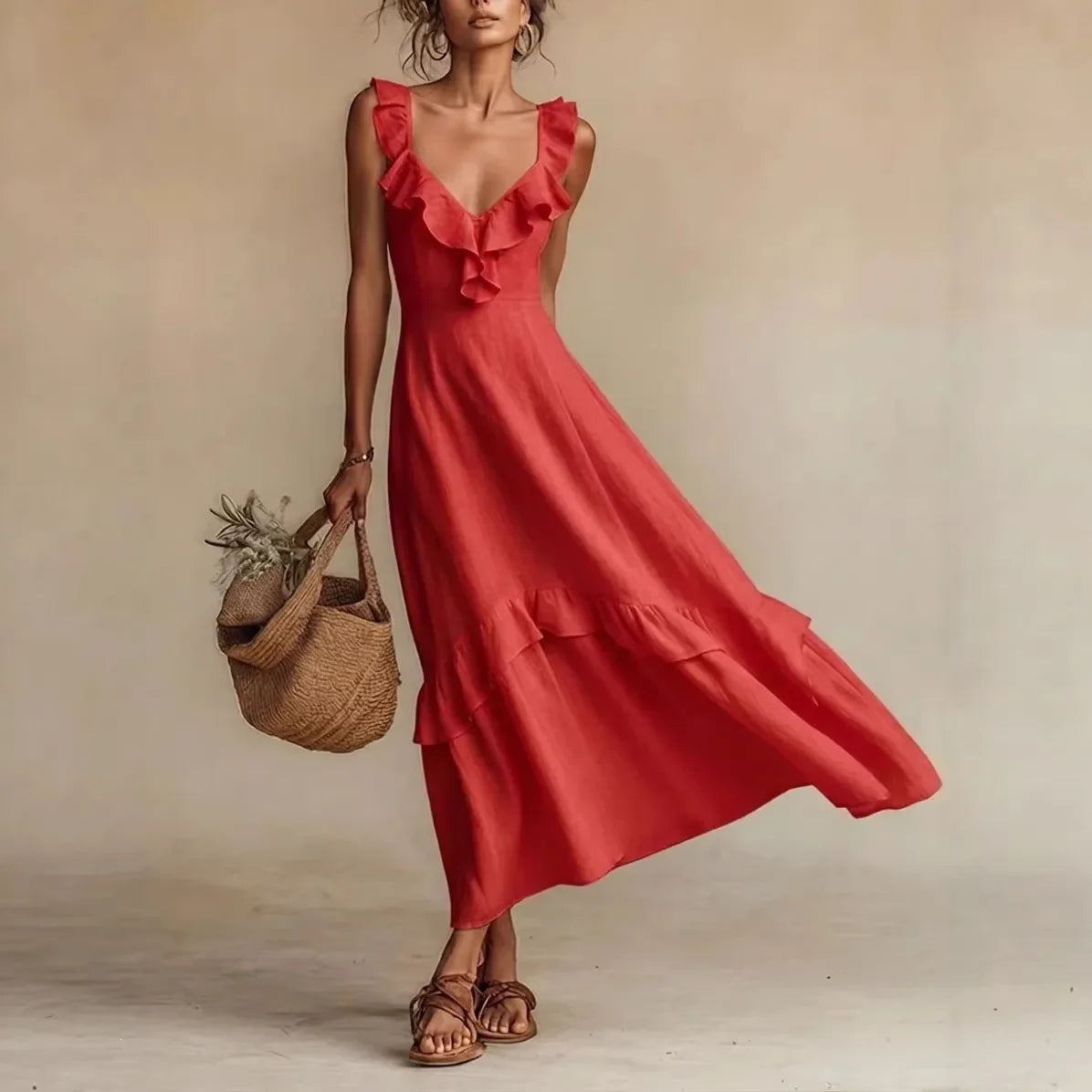 Zarelle Flowing Ruffle Maxi Dress in Red