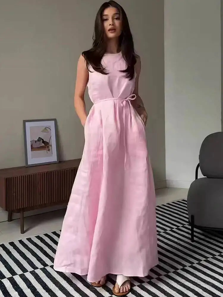Winnie Waist Tie Maxi Dress in Pink