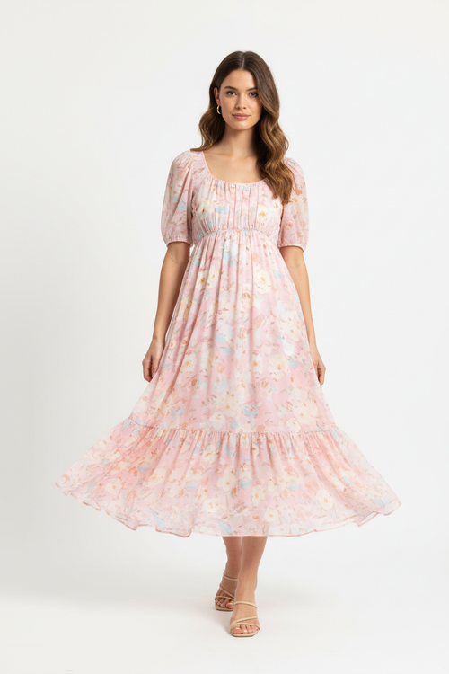 Floral Midi Dress in pastel pink