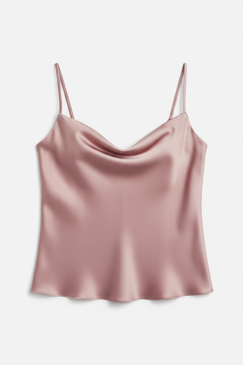 Dusty rose satin camisole top on white background