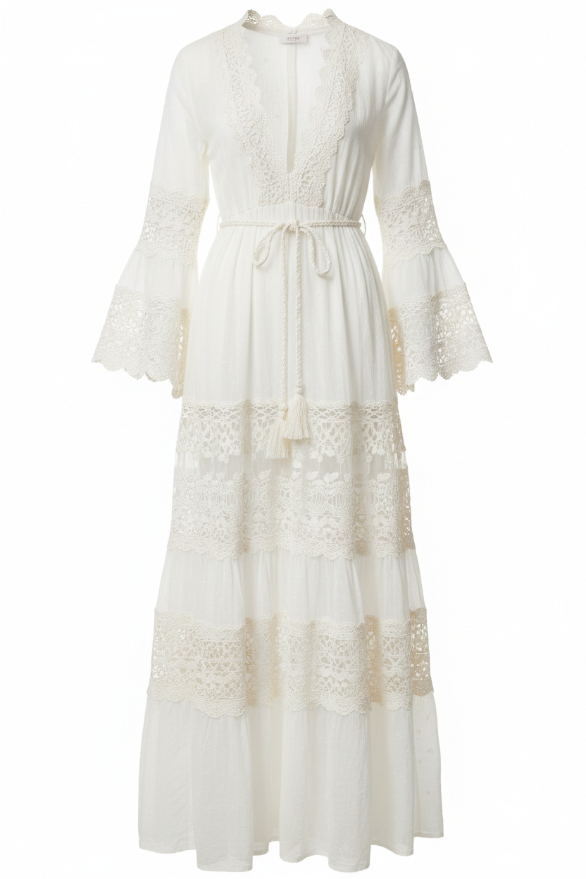 Boho Maxi Dress in cream white on white background