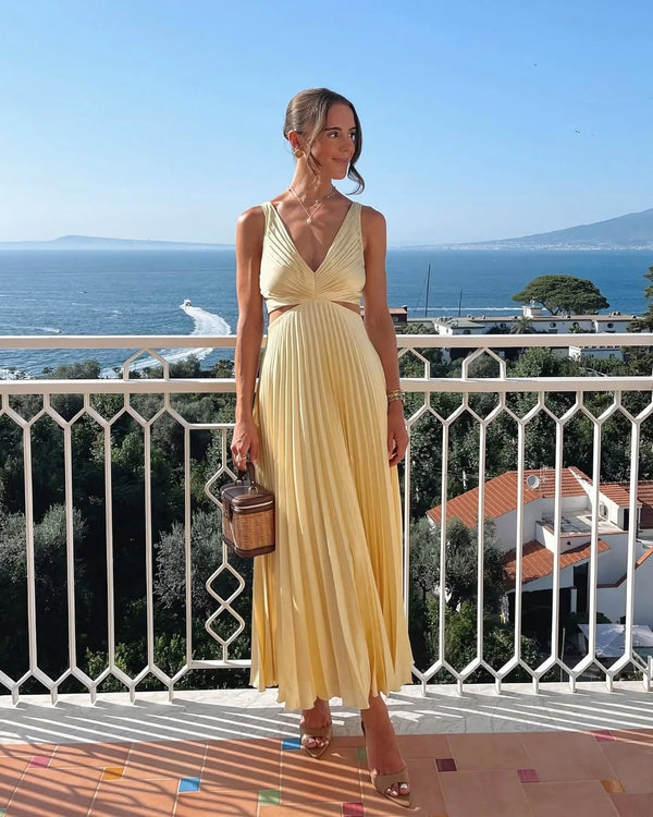 Faustine Pleated Cutout Waist Midi Wedding Guest Dress