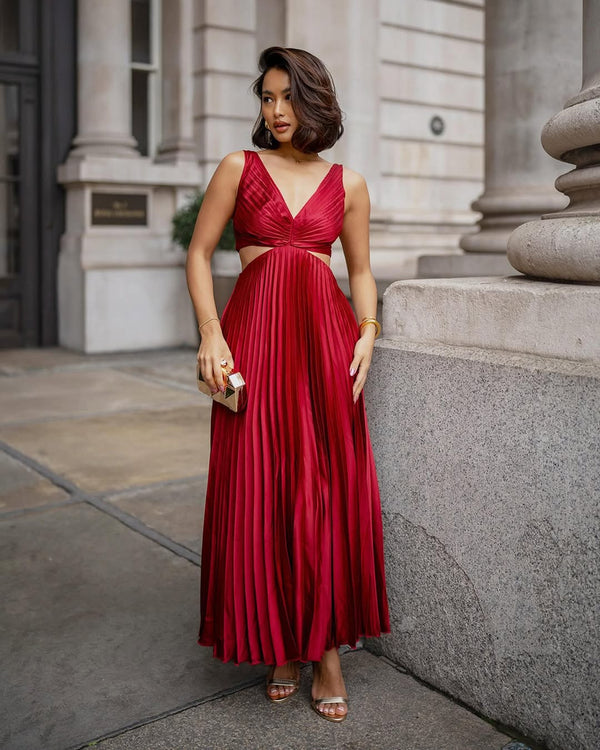 Faustine Pleated Cutout Waist Midi Wedding Guest Dress
