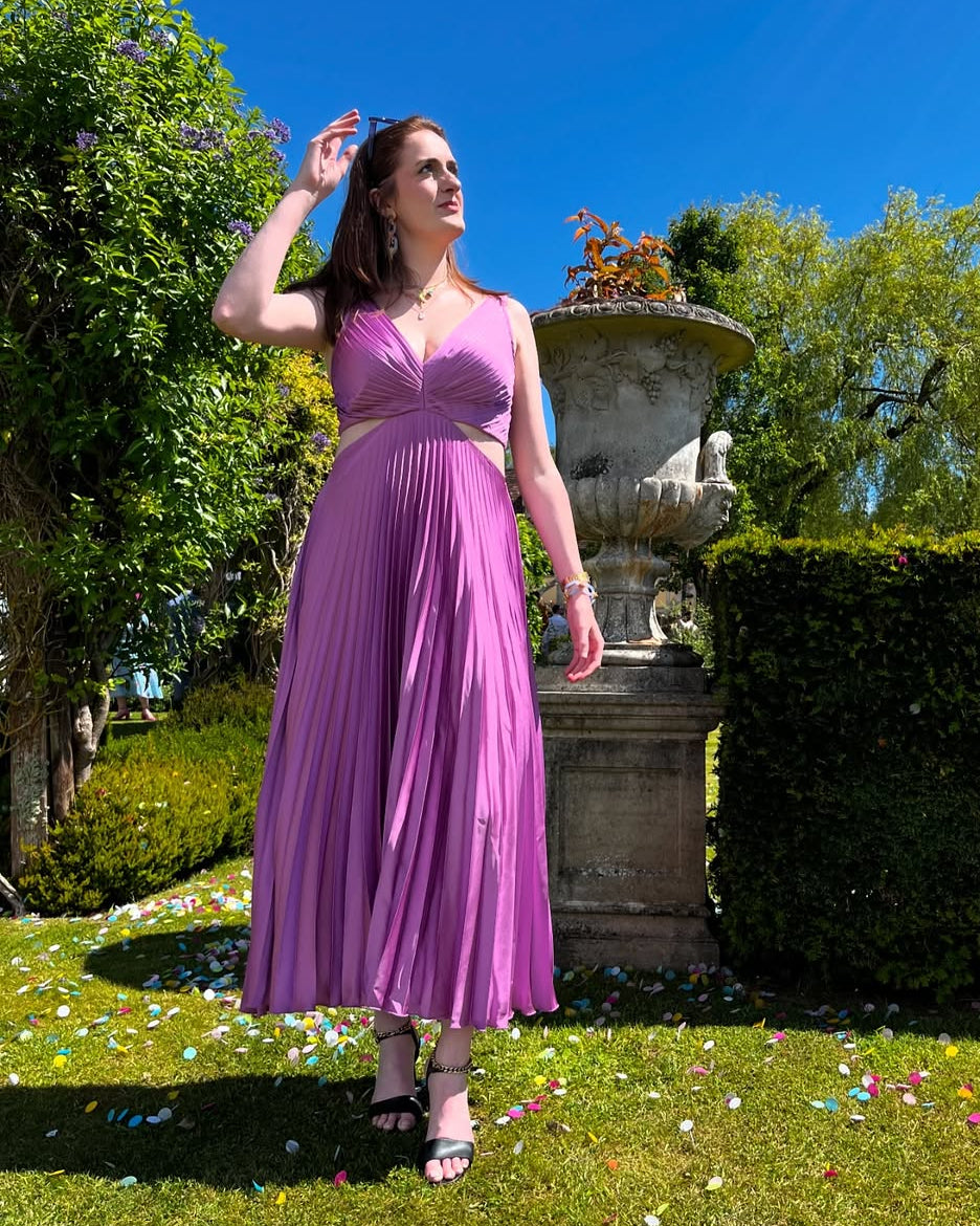 Faustine Pleated Cutout Waist Midi Wedding Guest Dress