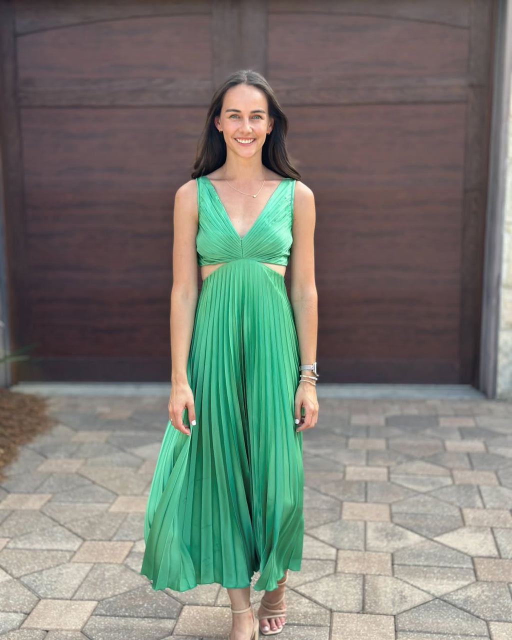 Faustine Pleated Cutout Waist Midi Wedding Guest Dress