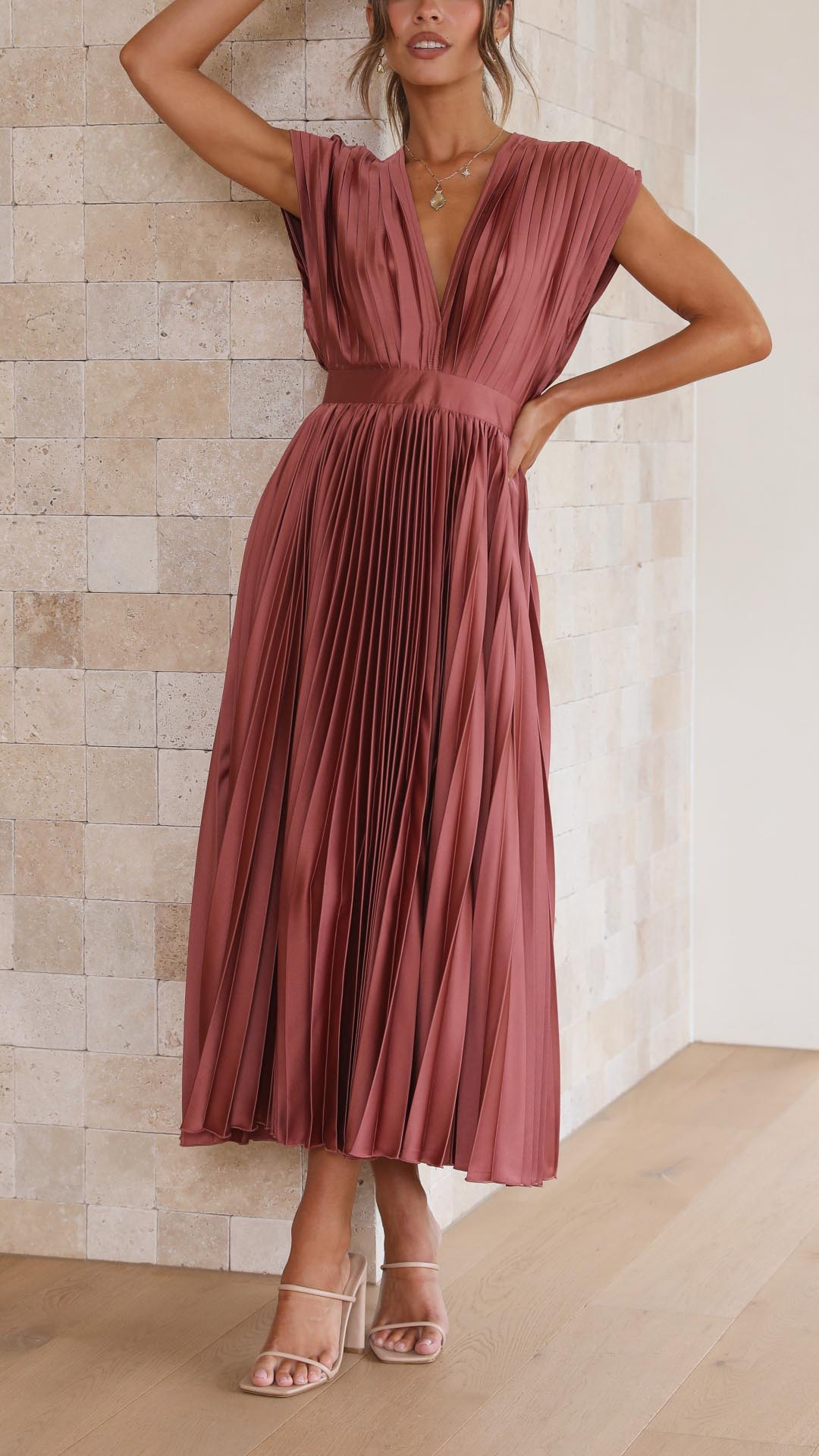 Catherine Pleated V Neck Midi Wedding Guest Dress