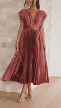Catherine Pleated V Neck Midi Wedding Guest Dress