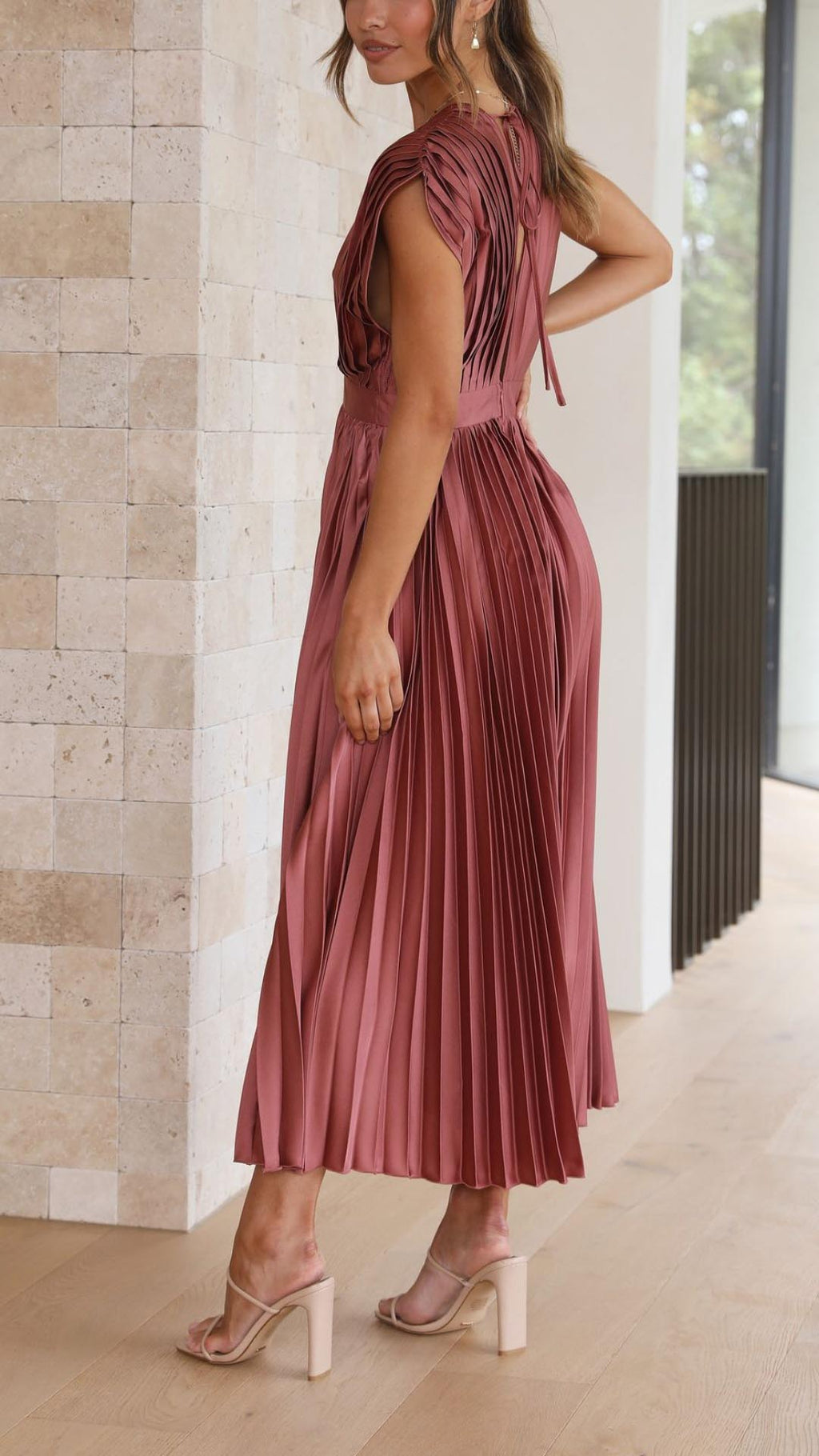 Catherine Pleated V Neck Midi Wedding Guest Dress