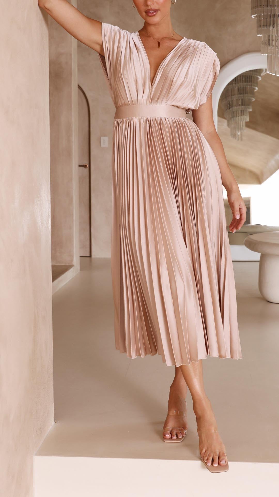 Catherine Pleated V Neck Midi Wedding Guest Dress