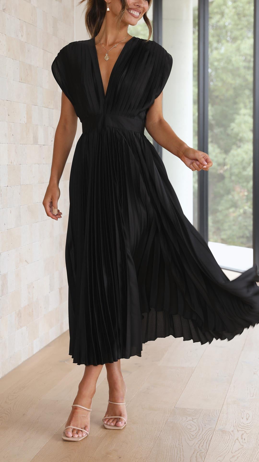 Catherine Pleated V Neck Midi Wedding Guest Dress