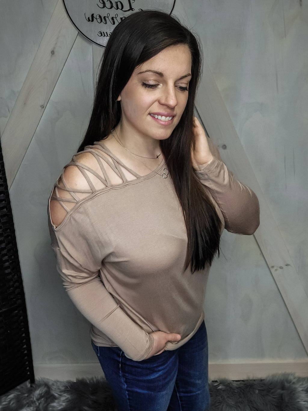 So Simple Cold Shoulder Basic Top- Taupe