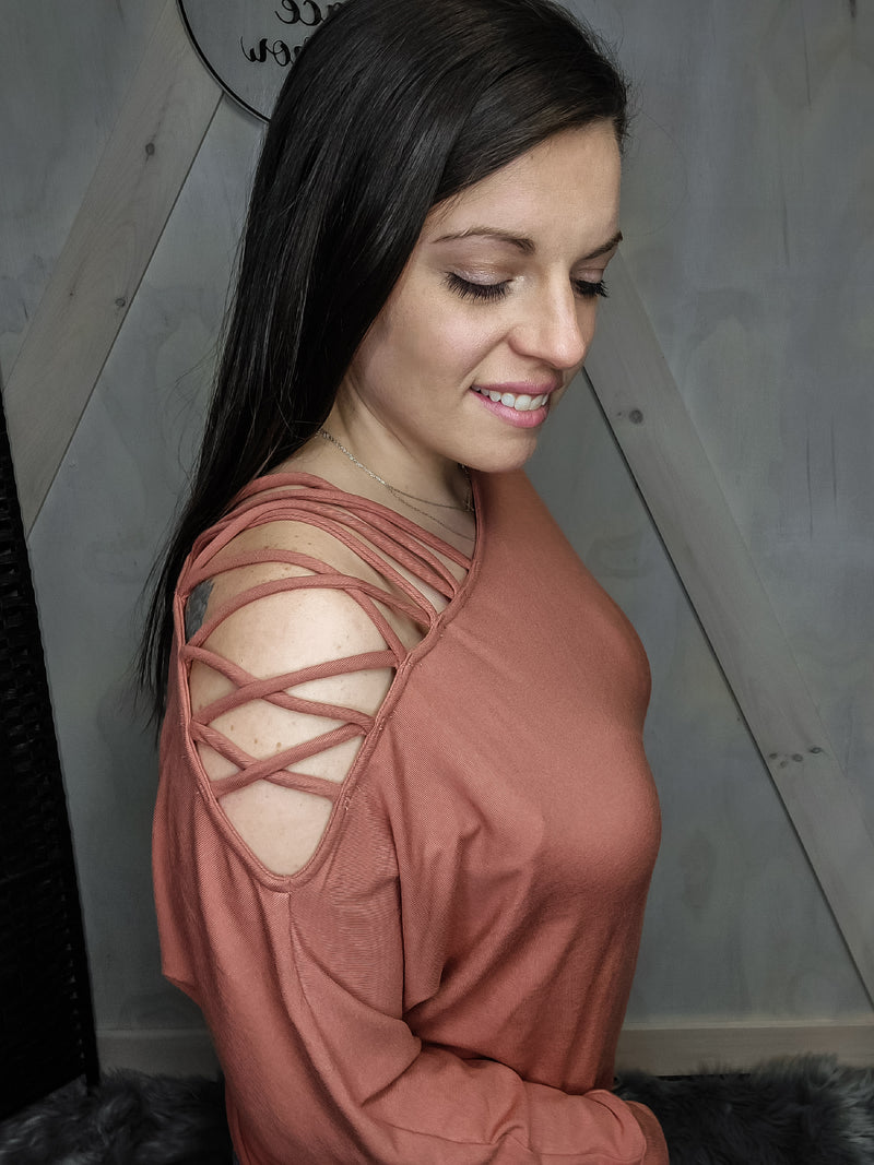 Late Notice Cold Shoulder Top- Clay Pink