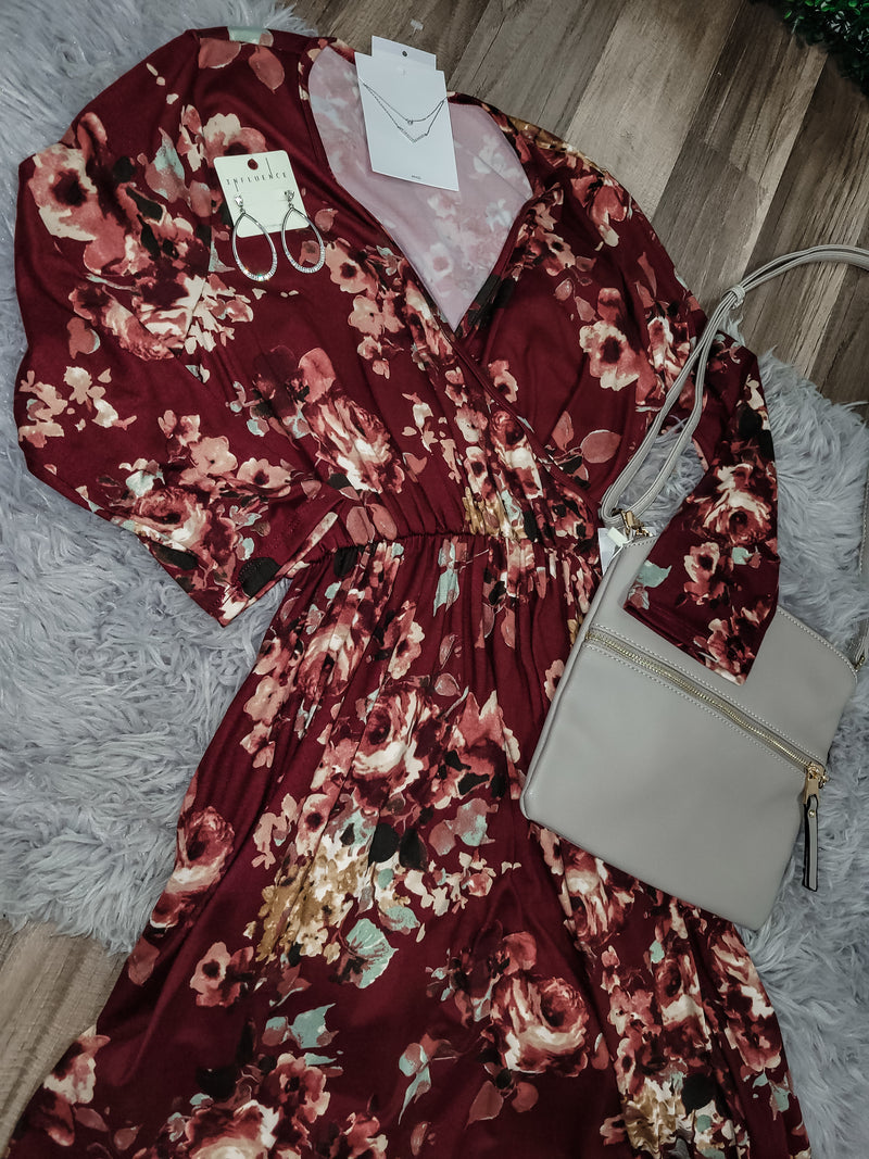 Taylor Floral Faux Wrap Dress- Burgundy