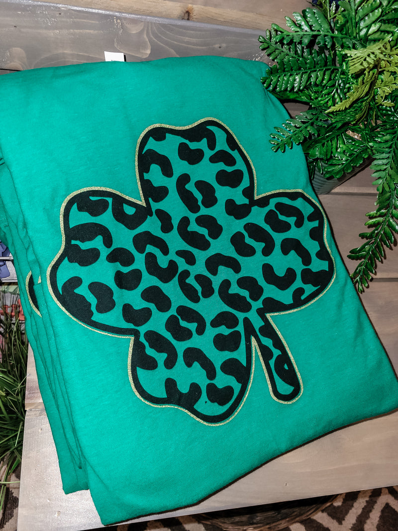 Lucky Leopard Shamrock Graphic Tee- Kelly Green