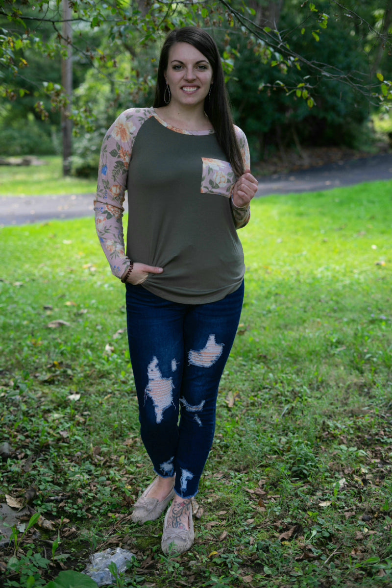 All For You Floral Top- Olive