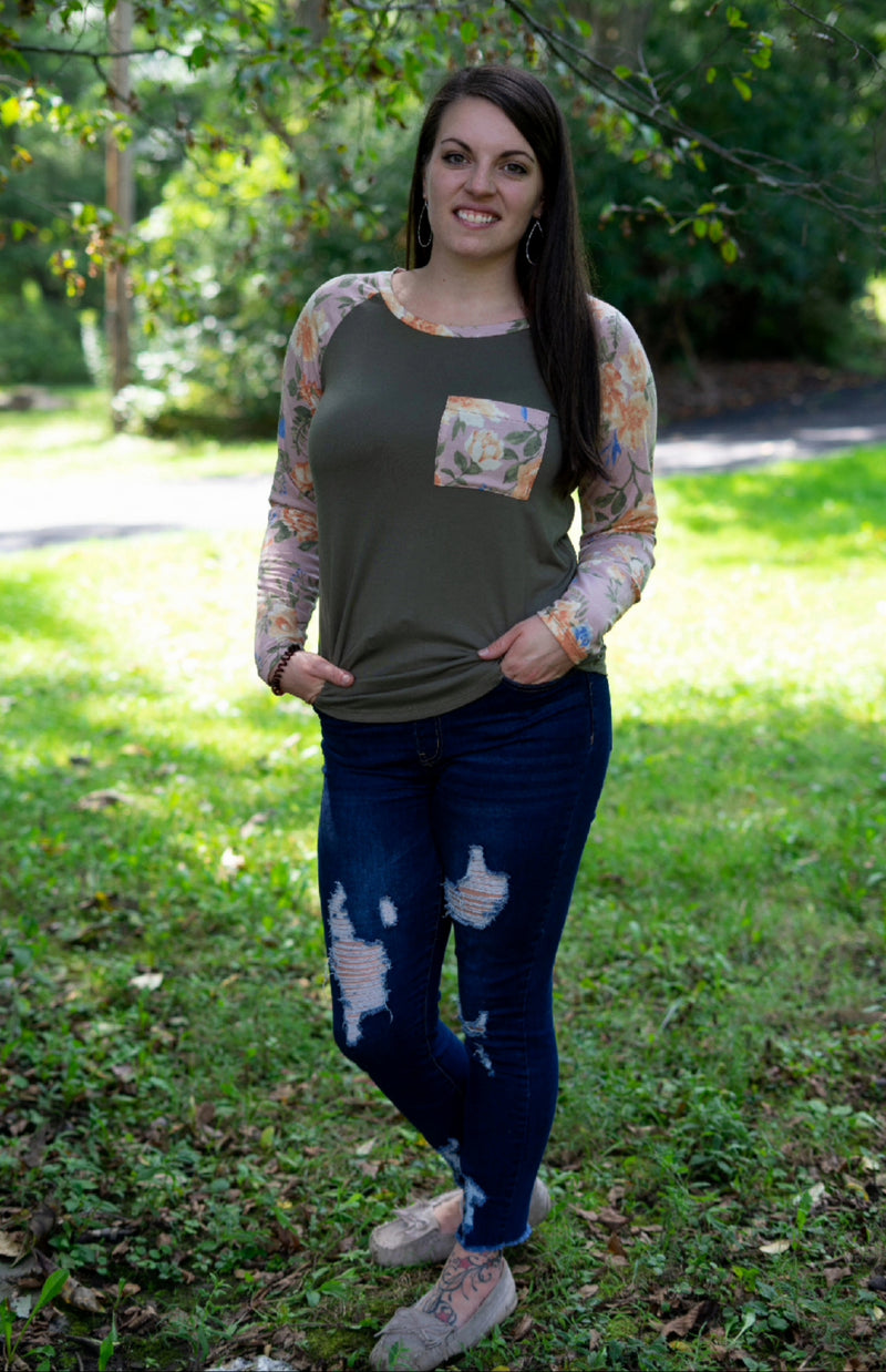 All For You Floral Top- Olive