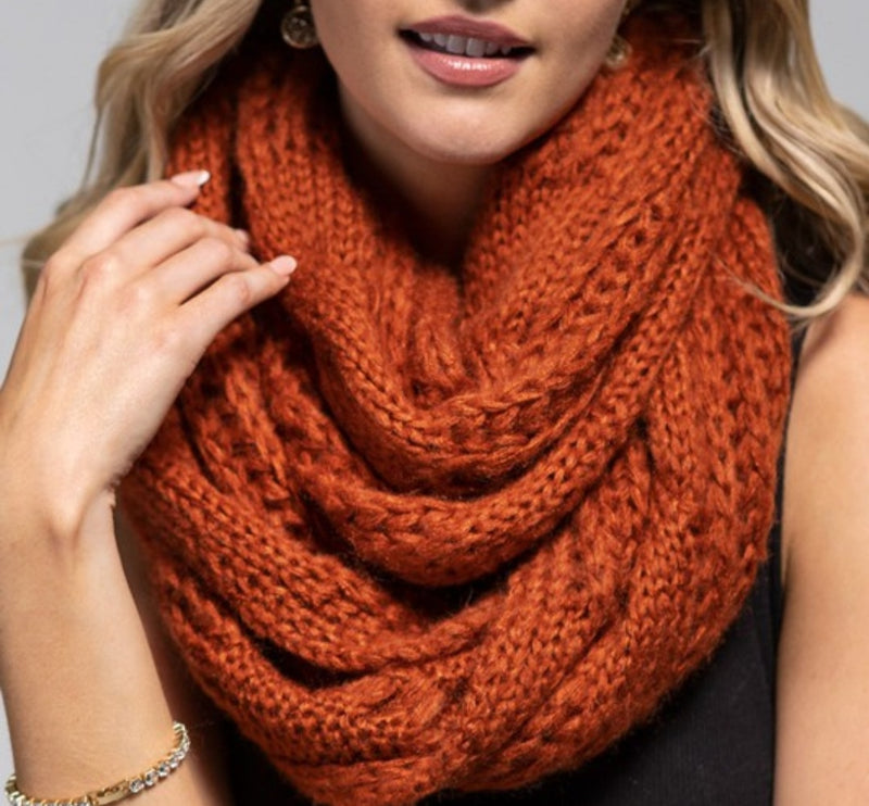 Cable Knit Infitnity Scarf- Rust